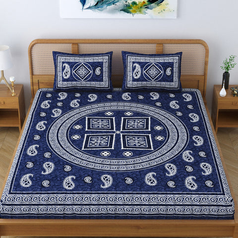 SheetKart Cotton Willow Floral Motif Printed Jaipuri Bedsheet for Double Bed King Size with 2 Pillow Covers - Navy Blue
