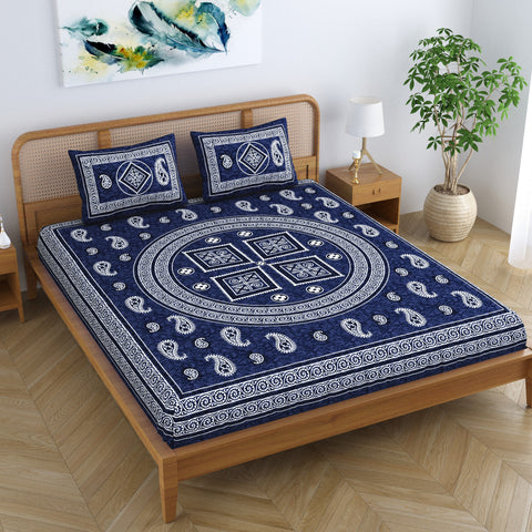 SheetKart Cotton Willow Floral Motif Printed Jaipuri Bedsheet for Double Bed King Size with 2 Pillow Covers - Navy Blue