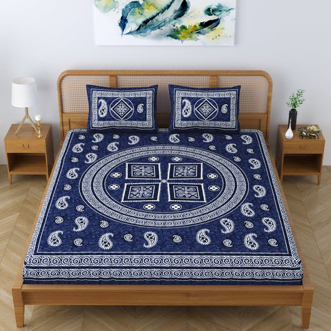 SheetKart Cotton Willow Floral Motif Printed Jaipuri Bedsheet for Double Bed King Size with 2 Pillow Covers - Navy Blue