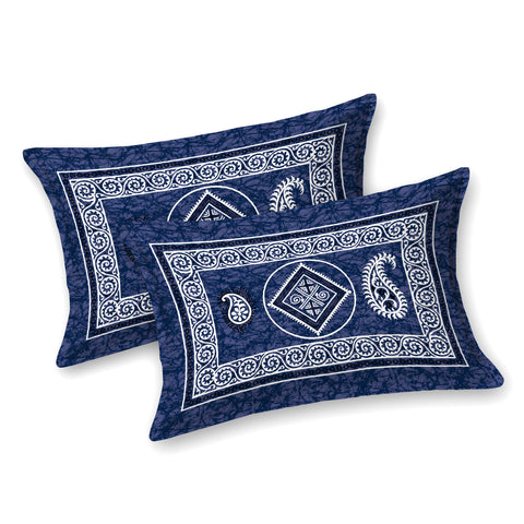 SheetKart Cotton Willow Floral Motif Printed Jaipuri Bedsheet for Double Bed King Size with 2 Pillow Covers - Navy Blue