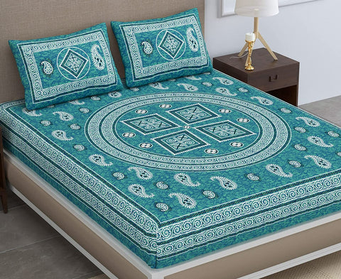 SheetKart 144 TC Jaipuri Floral Mandala Printed Cotton Bedsheet with Pillow Covers (Double, Sea Green)