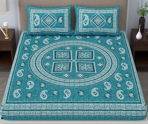 SheetKart 144 TC Jaipuri Floral Mandala Printed Cotton Bedsheet with Pillow Covers (Double, Sea Green)