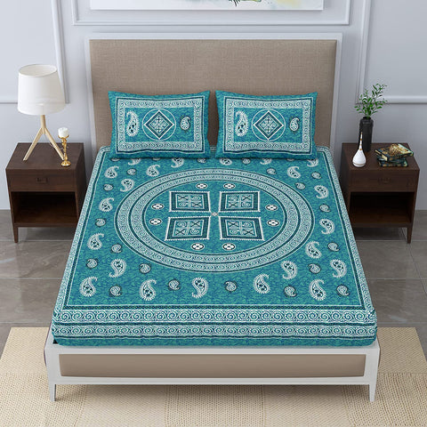 SheetKart 144 TC Jaipuri Floral Mandala Printed Cotton Bedsheet with Pillow Covers (Double, Sea Green)