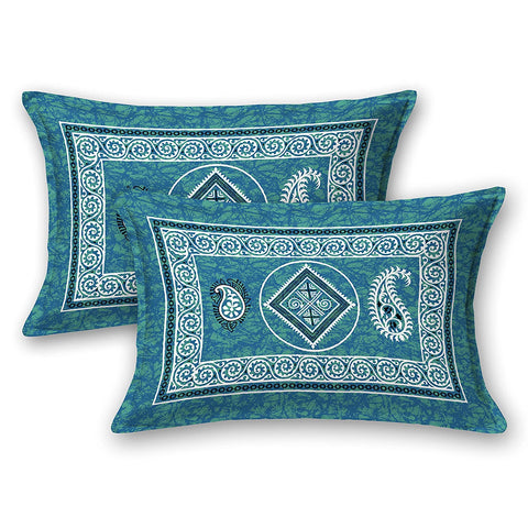 SheetKart 144 TC Jaipuri Floral Mandala Printed Cotton Bedsheet with Pillow Covers (Double, Sea Green)