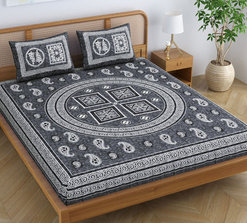 SheetKart Cotton Willow Floral Motif Printed Jaipuri Bedsheet for Double Bed King Size with 2 Pillow Covers - Grey