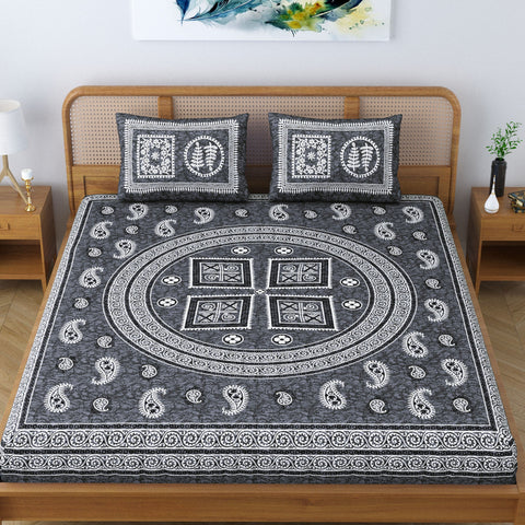 SheetKart Cotton Willow Floral Motif Printed Jaipuri Bedsheet for Double Bed King Size with 2 Pillow Covers - Grey