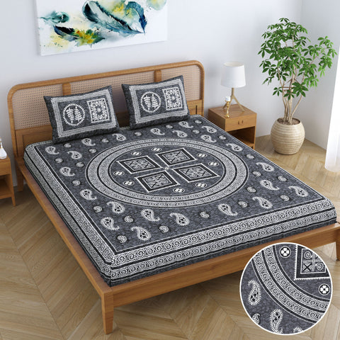 SheetKart Cotton Willow Floral Motif Printed Jaipuri Bedsheet for Double Bed King Size with 2 Pillow Covers - Grey