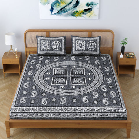 SheetKart Cotton Willow Floral Motif Printed Jaipuri Bedsheet for Double Bed King Size with 2 Pillow Covers - Grey