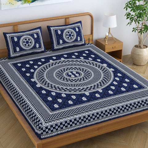 SheetKart Cotton Mandala Floral Motif Printed Jaipuri Bedsheet for Double Bed King Size with 2 Pillow Covers - Navy Blue 