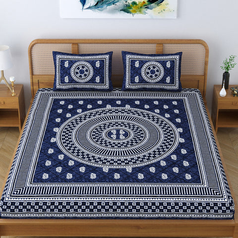 SheetKart Cotton Mandala Floral Motif Printed Jaipuri Bedsheet for Double Bed King Size with 2 Pillow Covers - Navy Blue 