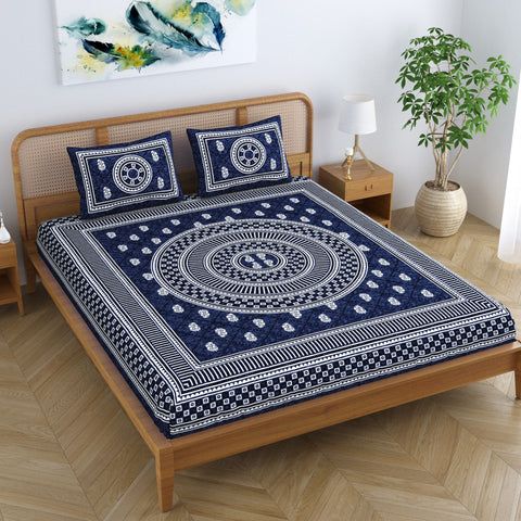 SheetKart Cotton Mandala Floral Motif Printed Jaipuri Bedsheet for Double Bed King Size with 2 Pillow Covers - Navy Blue 
