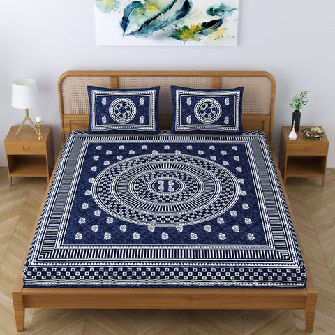 SheetKart Cotton Mandala Floral Motif Printed Jaipuri Bedsheet for Double Bed King Size with 2 Pillow Covers - Navy Blue 