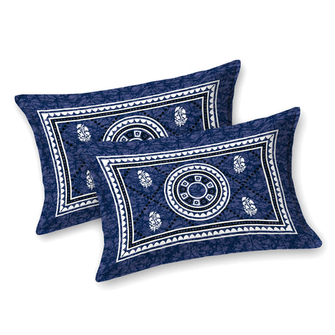 SheetKart Cotton Mandala Floral Motif Printed Jaipuri Bedsheet for Double Bed King Size with 2 Pillow Covers - Navy Blue 