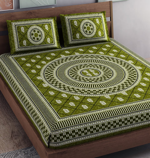 SheetKart Mandala Floral Print 144 TC Cotton Double Bedsheet with 2 Pillow Covers - Sprout Green