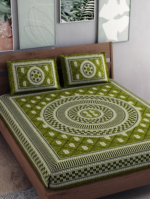 SheetKart Mandala Floral Print 144 TC Cotton Double Bedsheet with 2 Pillow Covers - Sprout Green