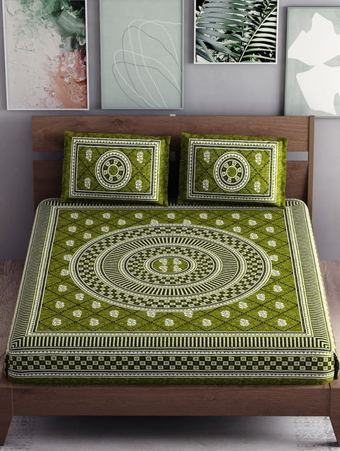 SheetKart Mandala Floral Print 144 TC Cotton Double Bedsheet with 2 Pillow Covers - Sprout Green