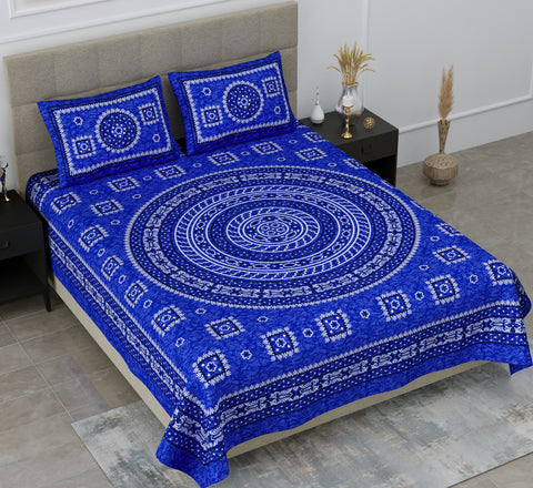 SheetKart Mandala Floral Print 144 TC Cotton Double Bedsheet with Pillow Covers (Double, Navy Blue) 