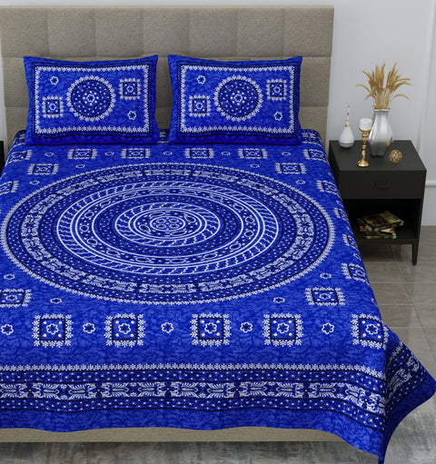 SheetKart Mandala Floral Print 144 TC Cotton Double Bedsheet with Pillow Covers (Double, Navy Blue) 