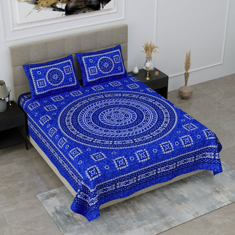 SheetKart Mandala Floral Print 144 TC Cotton Double Bedsheet with Pillow Covers (Double, Navy Blue) 