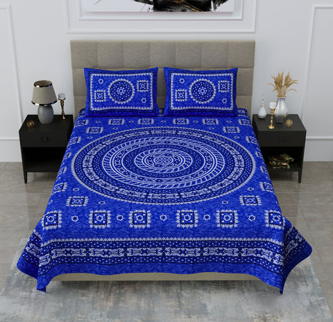 SheetKart Mandala Floral Print 144 TC Cotton Double Bedsheet with Pillow Covers (Double, Navy Blue) 