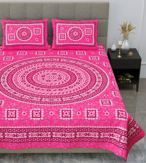 SheetKart Mandala Floral Print 144 TC Cotton Double Bedsheet with Pillow Covers - Pink Pearl