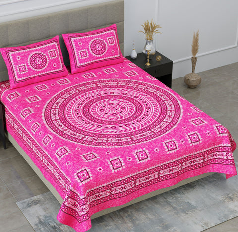 SheetKart Mandala Floral Print 144 TC Cotton Double Bedsheet with Pillow Covers - Pink Pearl