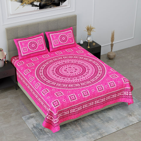 SheetKart Mandala Floral Print 144 TC Cotton Double Bedsheet with Pillow Covers - Pink Pearl