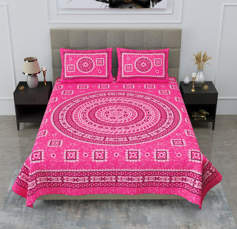 SheetKart Mandala Floral Print 144 TC Cotton Double Bedsheet with Pillow Covers - Pink Pearl