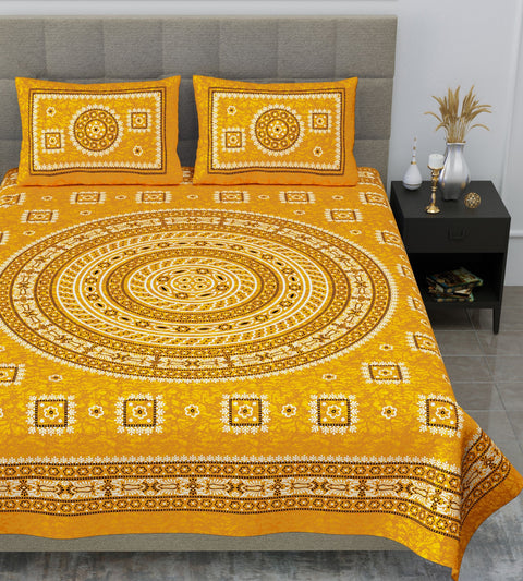 SheetKart Mandala Floral Print 144 TC Cotton Double Bedsheet with 2 Pillow Covers, Mush Yellow