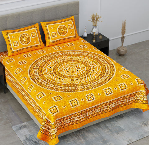 SheetKart Mandala Floral Print 144 TC Cotton Double Bedsheet with 2 Pillow Covers, Mush Yellow