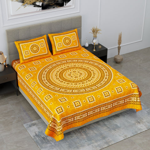 SheetKart Mandala Floral Print 144 TC Cotton Double Bedsheet with 2 Pillow Covers, Mush Yellow