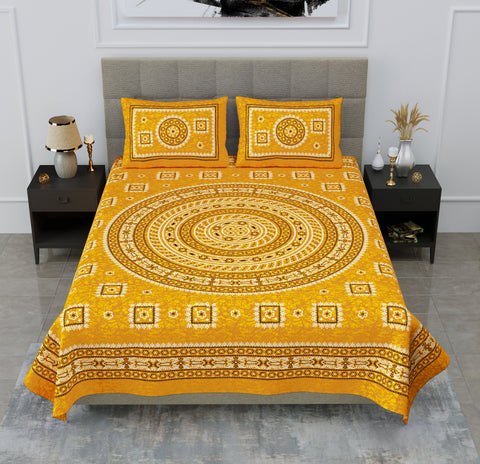 SheetKart Mandala Floral Print 144 TC Cotton Double Bedsheet with 2 Pillow Covers, Mush Yellow