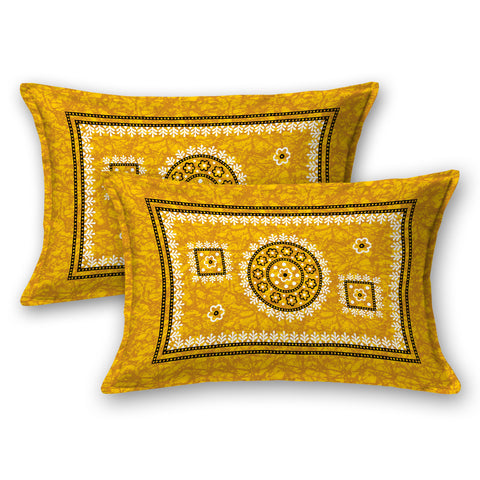 SheetKart Mandala Floral Print 144 TC Cotton Double Bedsheet with 2 Pillow Covers, Mush Yellow