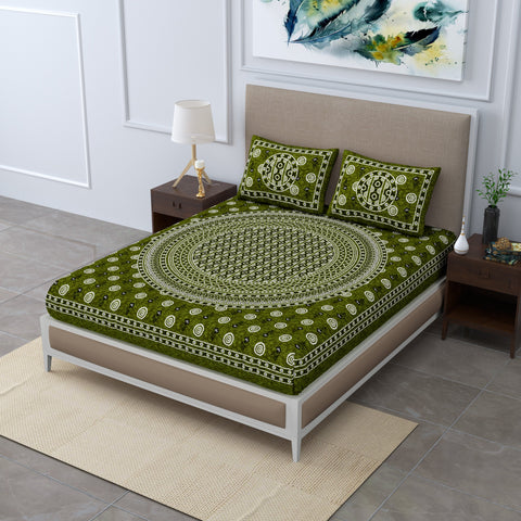 SheetKart - Glitz 144 TC 100% Cotton Double Bedsheet with 2 Pillow Covers, Nori Green 