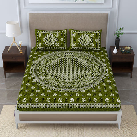 SheetKart - Glitz 144 TC 100% Cotton Double Bedsheet with 2 Pillow Covers, Nori Green 