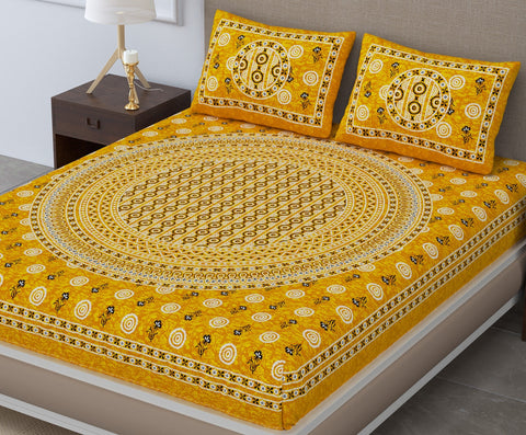 SheetKart - Glitz 144 TC 100% Cotton Double Bedsheet with 2 Pillow Covers, Ivy Yellow