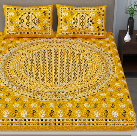SheetKart - Glitz 144 TC 100% Cotton Double Bedsheet with 2 Pillow Covers, Ivy Yellow