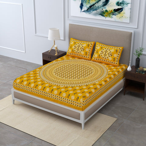 SheetKart - Glitz 144 TC 100% Cotton Double Bedsheet with 2 Pillow Covers, Ivy Yellow