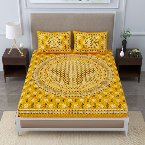 SheetKart - Glitz 144 TC 100% Cotton Double Bedsheet with 2 Pillow Covers, Ivy Yellow