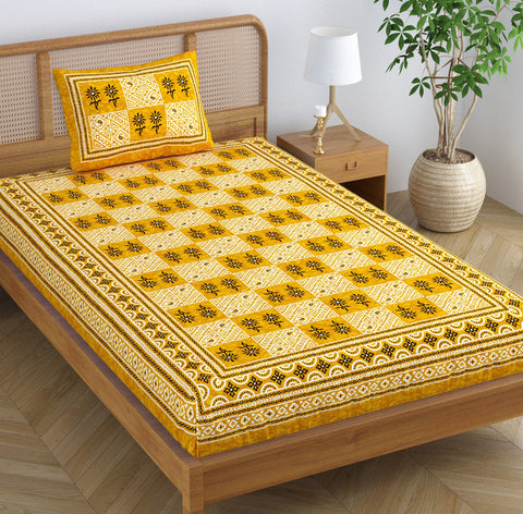 SheetKart 144 TC Cotton Single Bedsheet Floral Printed Jaipuri Bed Sheet with 1 Pillow Cover, Pebble Yellow