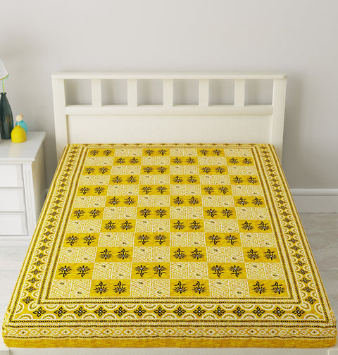 SheetKart 144 TC Cotton Single Bedsheet Floral Printed Jaipuri Bed Sheet, Pebble Yellow