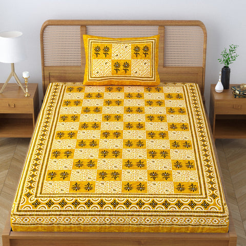SheetKart 144 TC Cotton Single Bedsheet Floral Printed Jaipuri Bed Sheet with 1 Pillow Cover, Pebble Yellow