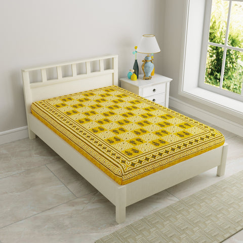 SheetKart 144 TC Cotton Single Bedsheet Floral Printed Jaipuri Bed Sheet, Pebble Yellow