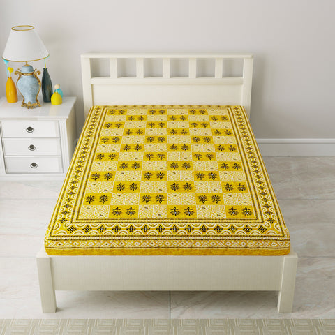SheetKart 144 TC Cotton Single Bedsheet Floral Printed Jaipuri Bed Sheet, Pebble Yellow