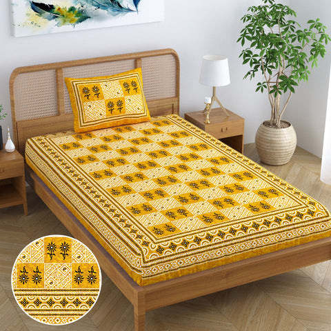 SheetKart 144 TC Cotton Single Bedsheet Floral Printed Jaipuri Bed Sheet with 1 Pillow Cover, Pebble Yellow
