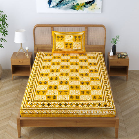 SheetKart 144 TC Cotton Single Bedsheet Floral Printed Jaipuri Bed Sheet with 1 Pillow Cover, Pebble Yellow