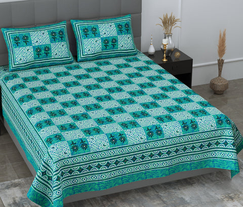 SheetKart Foursquare Floral Printed 144 TC Jaipuri Cotton Double Bedsheet with Pillow Covers (Double, Aqua Sea Green) 