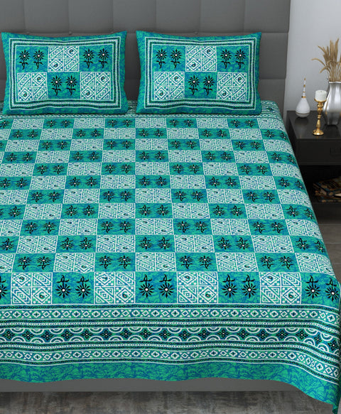 SheetKart Foursquare Floral Printed 144 TC Jaipuri Cotton Double Bedsheet with Pillow Covers (Double, Aqua Sea Green) 