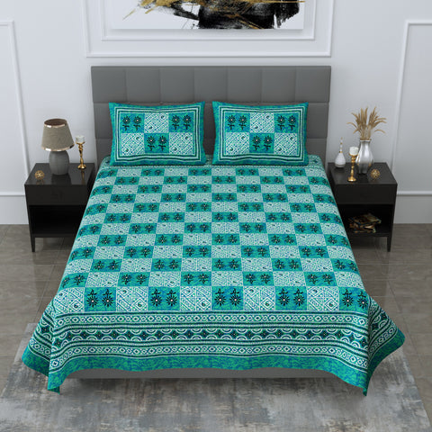SheetKart Foursquare Floral Printed 144 TC Jaipuri Cotton Double Bedsheet with Pillow Covers (Double, Aqua Sea Green) 