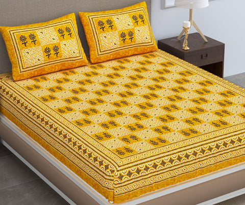 SheetKart Cameo 144 TC 100% Cotton Double Bedsheet with 2 Pillow Covers, Yellow Moss, Floral